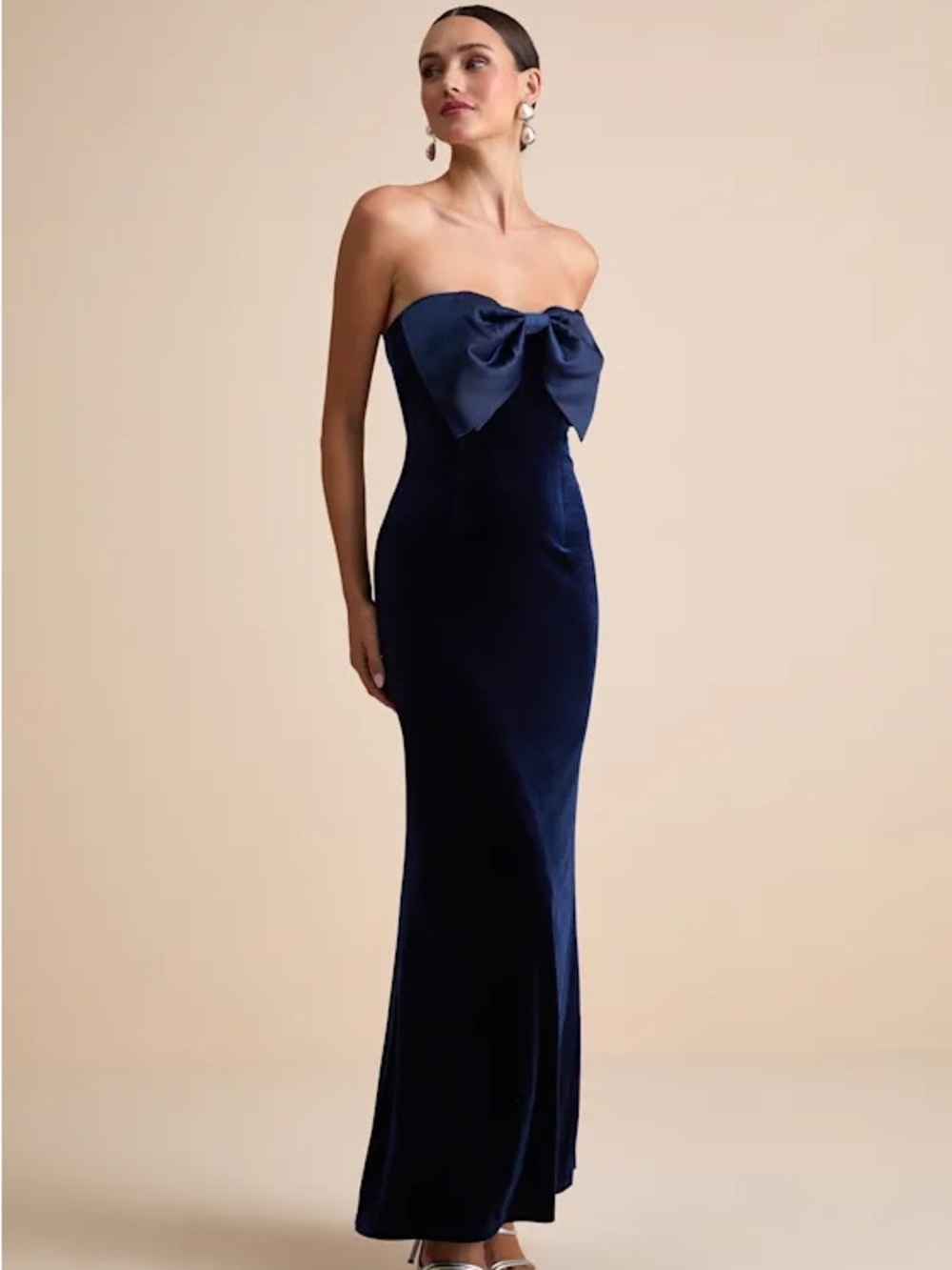 Lulu's Strapless Navy Velvet Gown with Bow